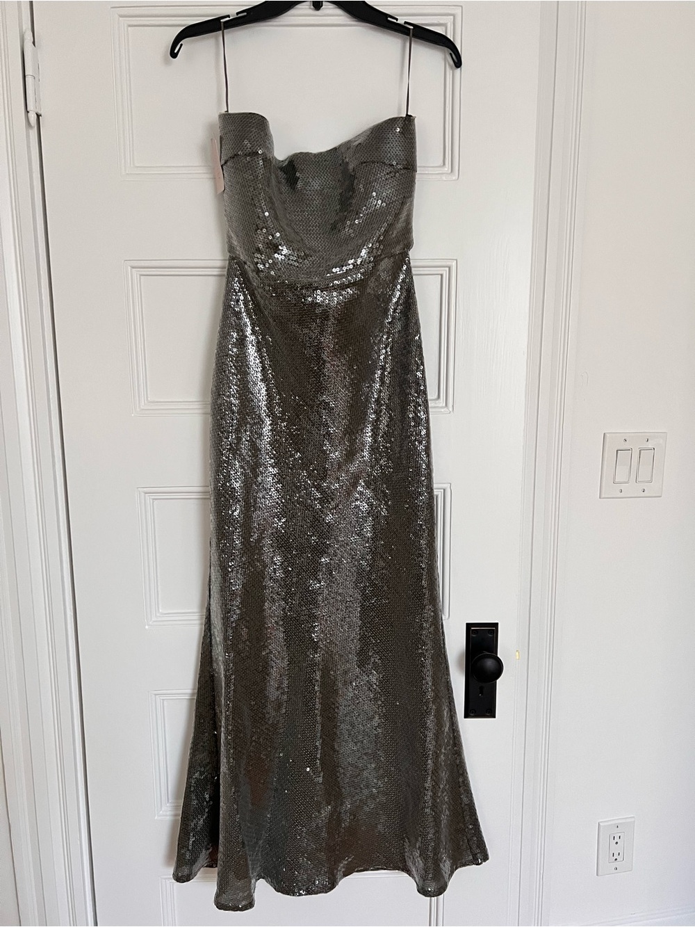 Sau Lee Strapless Silver Sequin Evening Dress